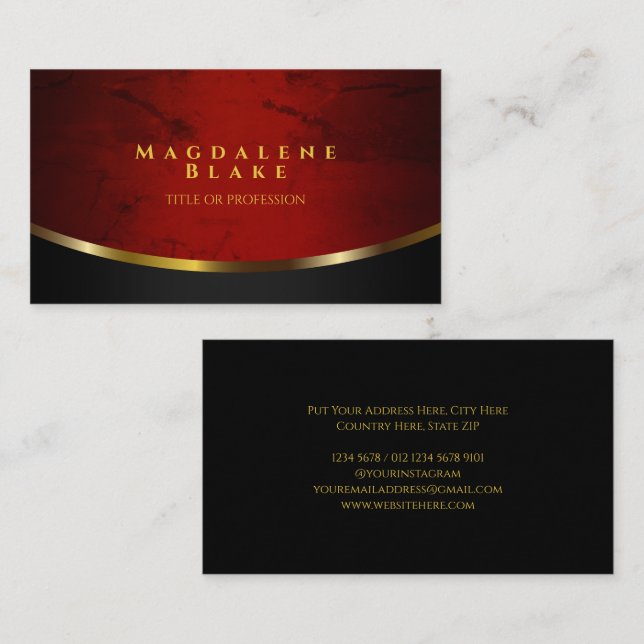 Eleganter roter und schwarzer Marmor mit Goldakzen Visitenkarte (Vorne/Hinten)