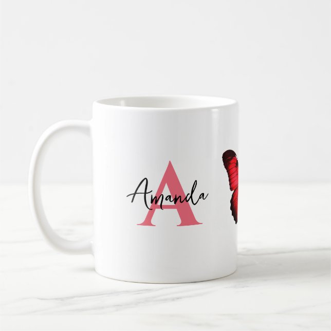 Eleganter roter und schwarzer Monogrammname Butter Kaffeetasse (Links)
