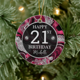Eleganter roter und silberner Glitter-Achat-Geburt Keramik Ornament
