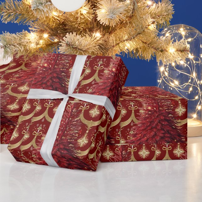 Eleganter Roter Weihnachtsbaum Gold fröhliche Xmas Geschenkpapier (Feiertage)