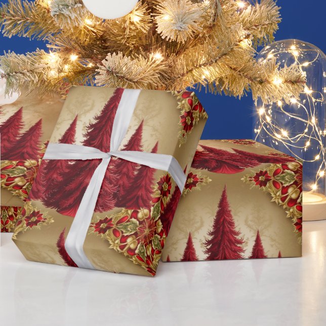 Eleganter Roter Weihnachtsbaum Gold fröhliche Xmas Geschenkpapier (Feiertage)