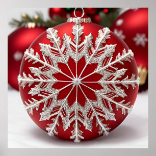 Eleganter roter Weihnachtsschmuck mit Schneeflocke Poster