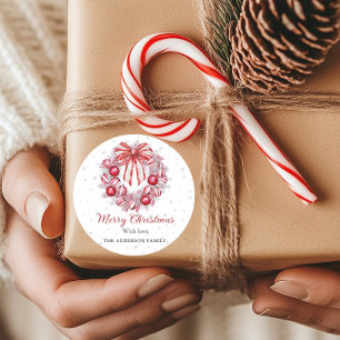 Eleganter roter weißer Weihnachtskranz Runder Aufkleber
