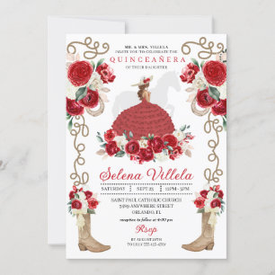 Eleganter Roter Western Charro Princess Quinceañer Einladung