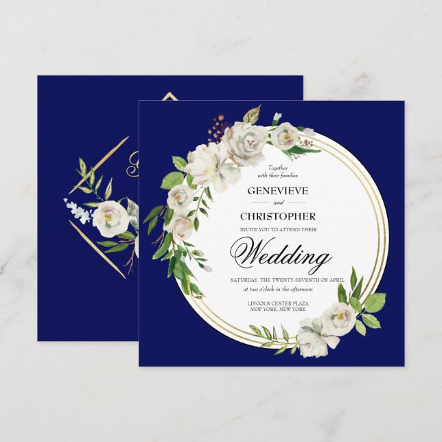 Eleganter Royal Blue Floral Gold Wedding Square Einladung (Vorne/Hinten)
