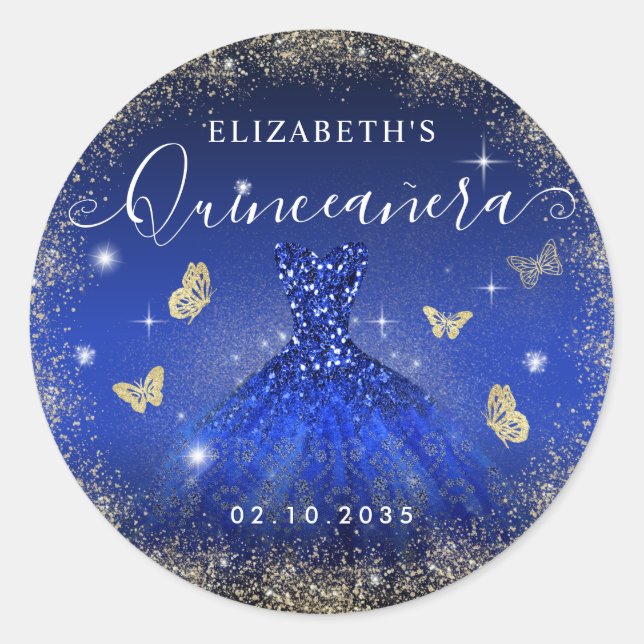 Eleganter Royal Blue Gold Glitzer Gown Quinceañera Runder Aufkleber (Vorderseite)