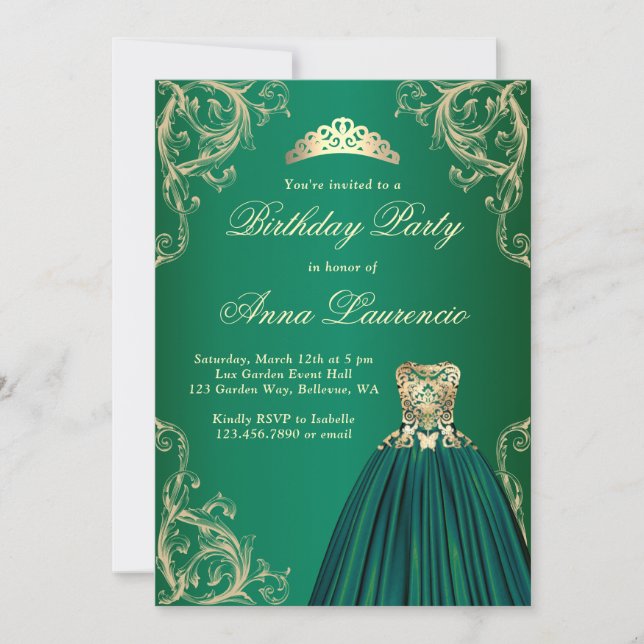 Eleganter Royal Decorative Green und Gold Geburtst Einladung (Vorderseite)