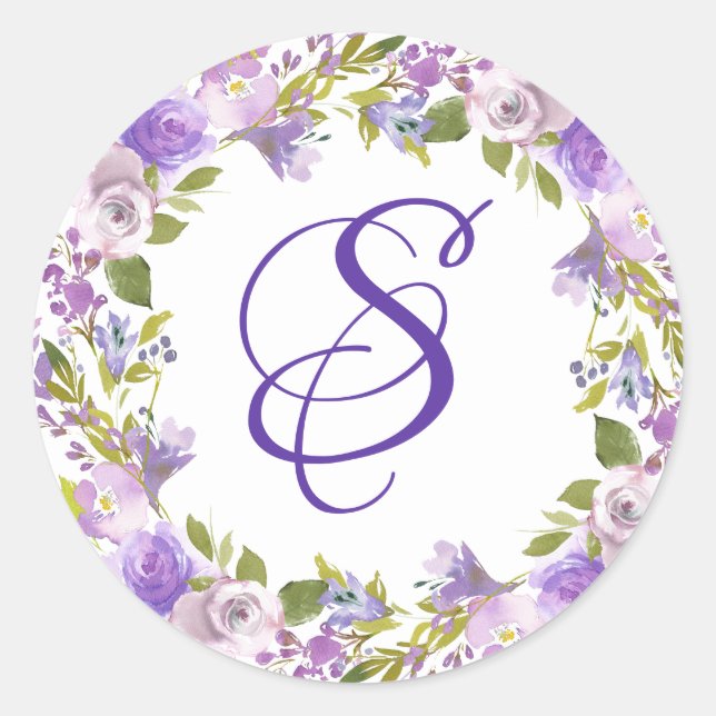 Eleganter Royal Lila Floral Monogram Umschlag Aufk Runder Aufkleber (Vorderseite)