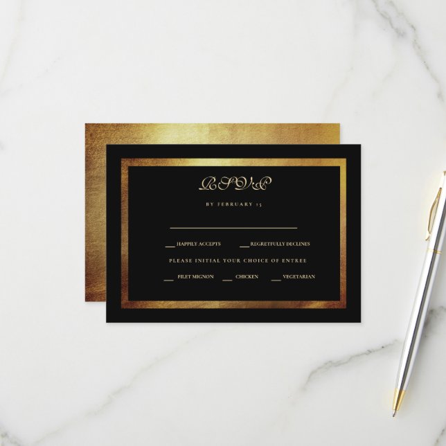 Eleganter RSVP für Black & Gold-Hochzeit (Vorderseite/Rückseite Beispiel)
