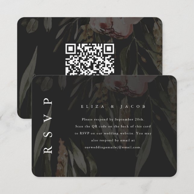Eleganter RSVP mit QR-Code für Black Floral Weddin Karte (Vorne/Hinten)