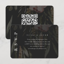 Eleganter RSVP mit QR-Code für Black Floral Weddin Karte