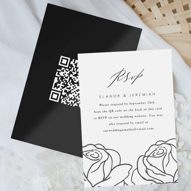 Eleganter RSVP mit QR-Code für Black Floral Weddin Karte (Von Creator hochgeladen)