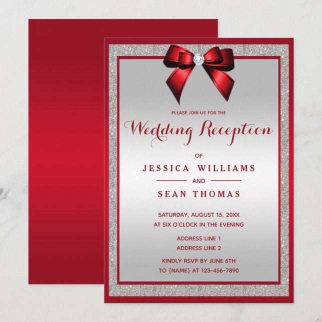 Eleganter Ruby Red Silver Glitzer Hochzeitsempfang Einladung (Vorne/Hinten)