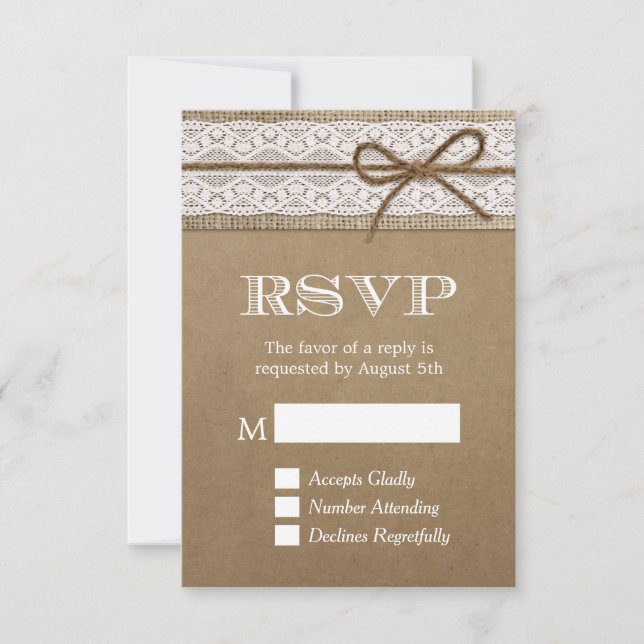 Eleganter Rustic Burlap String Bow Wedding RSVP Karte (Vorderseite)