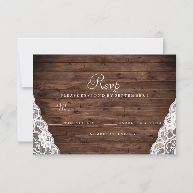 Eleganter Rustic Wood White Lace Wedding RSVP (Vorderseite)