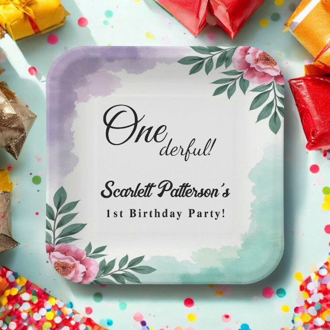 Eleganter Rustikaler Aquarell Floral Boho 1. Gebur Pappteller (Von Creator hochgeladen)