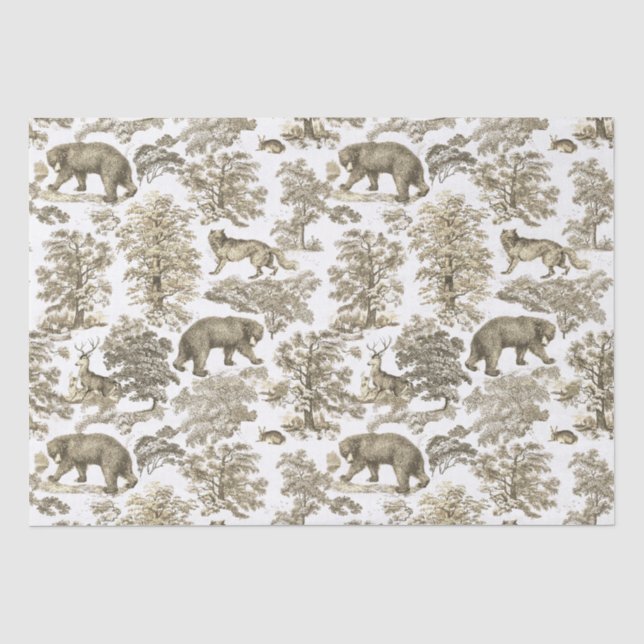 Eleganter, rustikaler Beige-Wald-Tiere Toile Seidenpapier (Vorderseite)