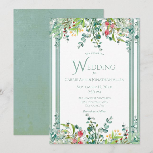 Eleganter rustikaler Eukalyptus Watercolor Wedding Einladung (Vorne/Hinten)