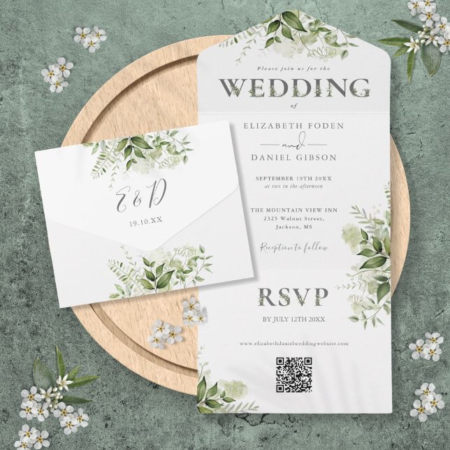 Eleganter Rustikaler Grüner QR Code Hochzeit All In One Einladung (Elegant Rustic Greenery QR Code Wedding All In One Invitation)