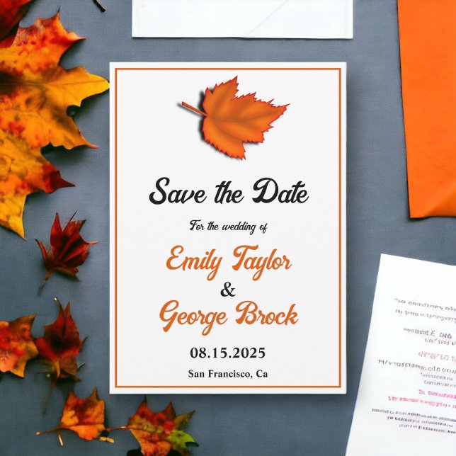 Eleganter rustikaler Herbst hinterlässt schicke Ho Save The Date (Von Creator hochgeladen)