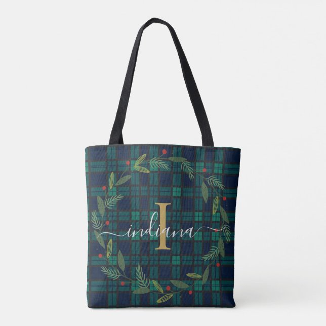 Eleganter Rustikaler Karierter Monogram Script Wre Tasche (Rückseite)