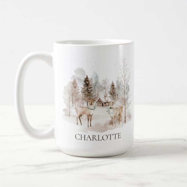 Eleganter rustikaler Winterwaldhirsch Kaffeetasse (Links)