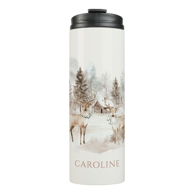 Eleganter rustikaler Winterwaldhirsch Thermosbecher (Vorderseite)