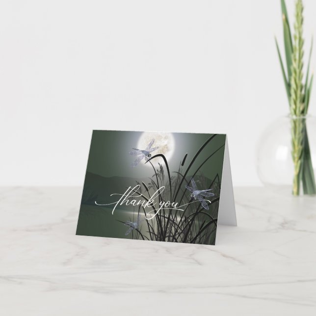 Eleganter Sage Green Full Moon Dragonfly Pond Dankeskarte (Vorderseite)