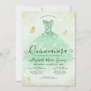 Eleganter Sage Green Gold Glitzer Gown Quinceanera Einladung