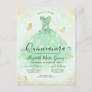 Eleganter Sage Green Gold Glitzer Gown Quinceanera Postkarte