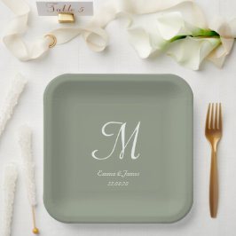 Eleganter Sage Green Monogram Wedding Party Cockta Pappteller