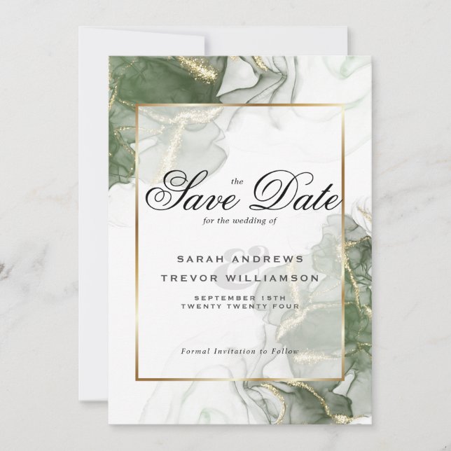 Eleganter Sage Green und Gold Alkohol Tinte Einladung (Vorderseite)