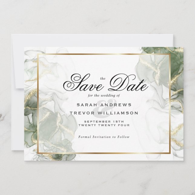 Eleganter Sage Green und Gold Alkohol Tinte Einladung (Vorderseite)