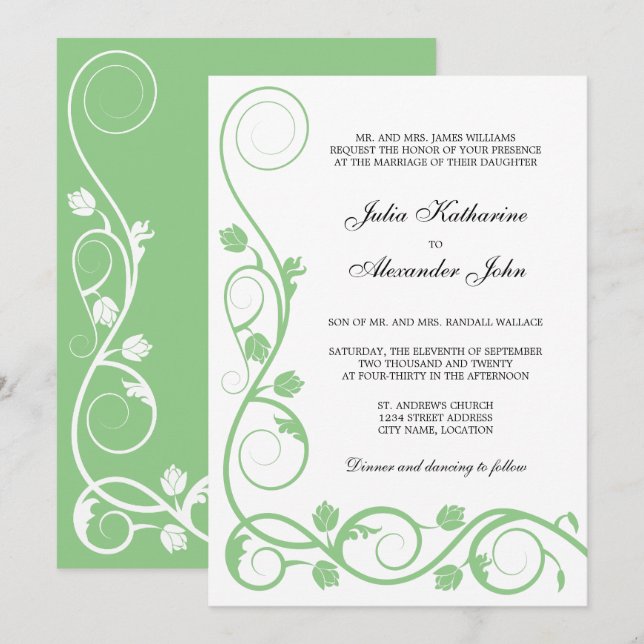 Eleganter Sage Green und White Wirbel Einladung (Vorne/Hinten)