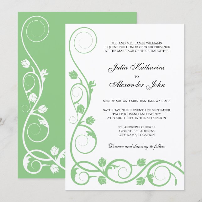 Eleganter Sage Green und White Wirbel Einladung (Vorne/Hinten)