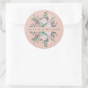 Eleganter Salbeigrün- und Rosé-farbener Botanische Runder Aufkleber