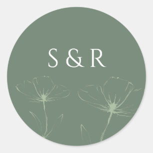 Eleganter Salbeigrüner Floraler Line-Art-Monogramm Runder Aufkleber