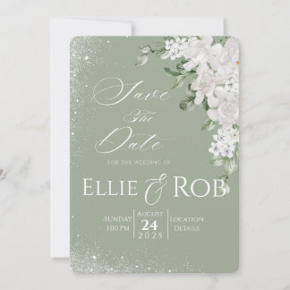 Eleganter Salbeigrüner Weißer Floral Save The Date