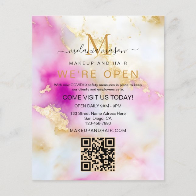 Eleganter Salon Wir sind Open Pink Gold Wasserfarb Flyer (Vorne)