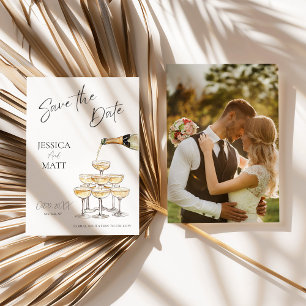 Eleganter Save-the-Date-Champagner-Turm mit Foto Einladung