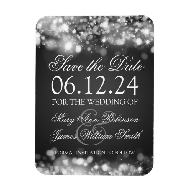 Eleganter Save the Date funkelnder Lichtsilber Magnet (Vertikal)