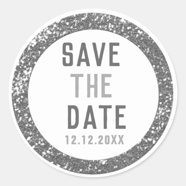 Eleganter Save the Date Silver Glitzer Runder Aufkleber (Vorderseite)