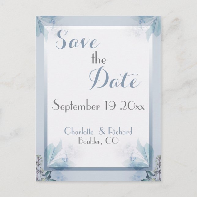 Eleganter Save the Date staubiger blauer Ankündigungspostkarte (Vorderseite)