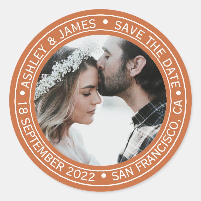 Eleganter Save the Date Wedding Foto Umschlag Aufk Runder Aufkleber (Vorderseite)