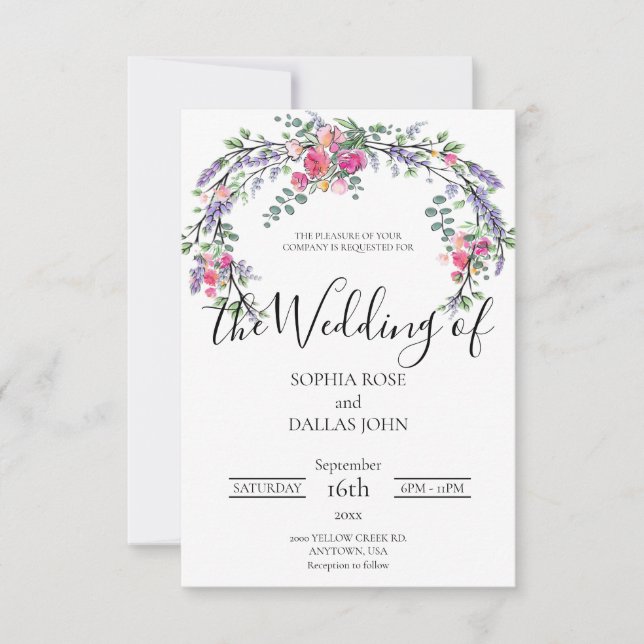 Eleganter, schicker Aquarelllavender Rosa Hochzeit Einladung (Vorderseite)