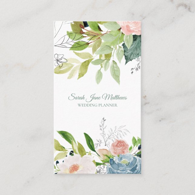 Eleganter schicker botanischer Hochzeitsplaner in  Visitenkarte (Vorderseite)