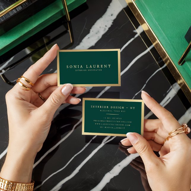 Eleganter schicker goldener Wald grün minimalistis Visitenkarte (Elegant chic gold metallic forest green minimalist)