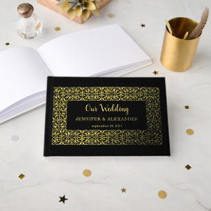 Eleganter schicker Goldrahmen auf schwarzer Goldfo Gästebuch