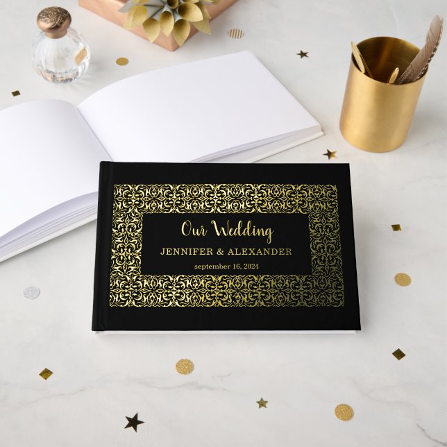 Eleganter schicker Goldrahmen auf schwarzer Goldfo Gästebuch (Vorderseite Offen)