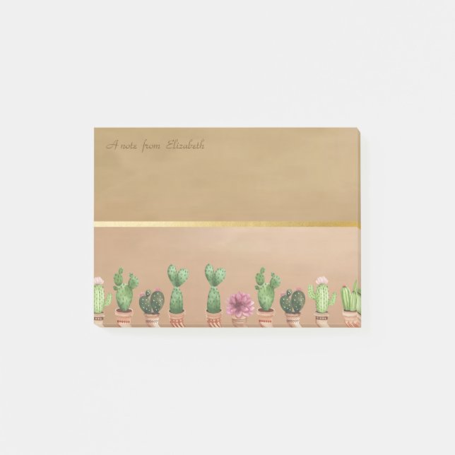 Eleganter schicker Goldrand, Aquarellkaktus Post-it Klebezettel (Vorderseite)